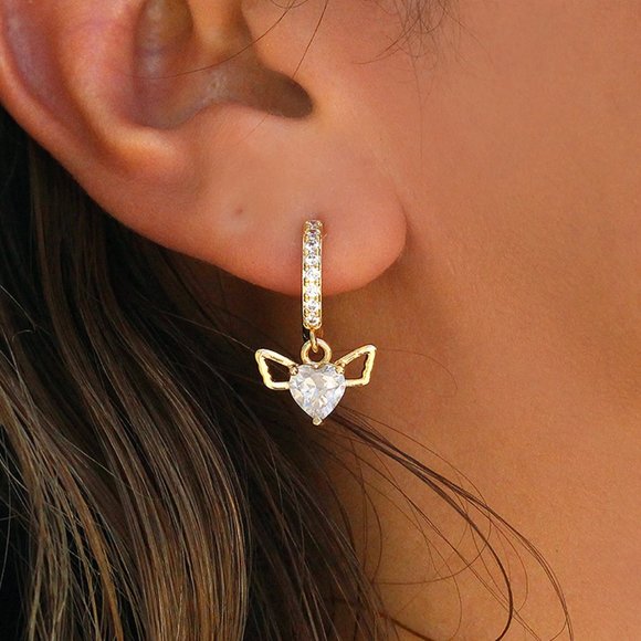 Winged Heart With Cubic Zirconia Hoop Earrings - Picture 3 of 6